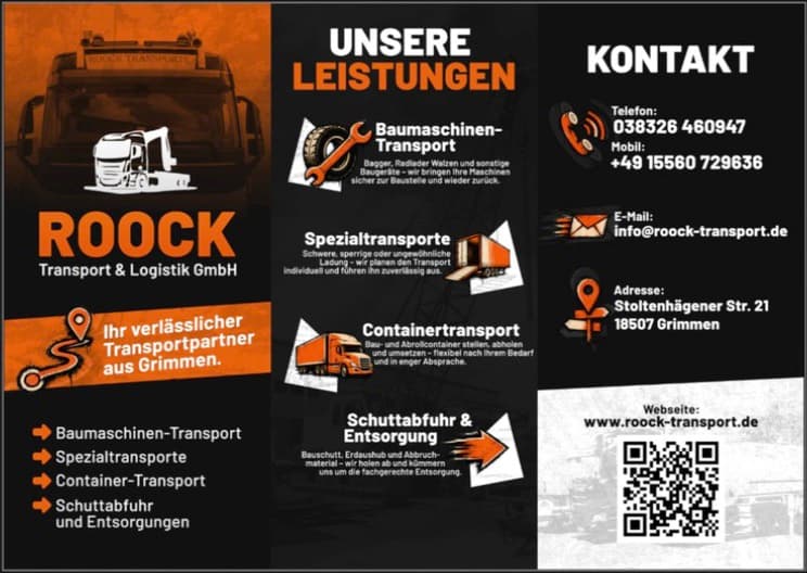 Aufgeklappter Roock Transporte Flyer in voller Ansicht