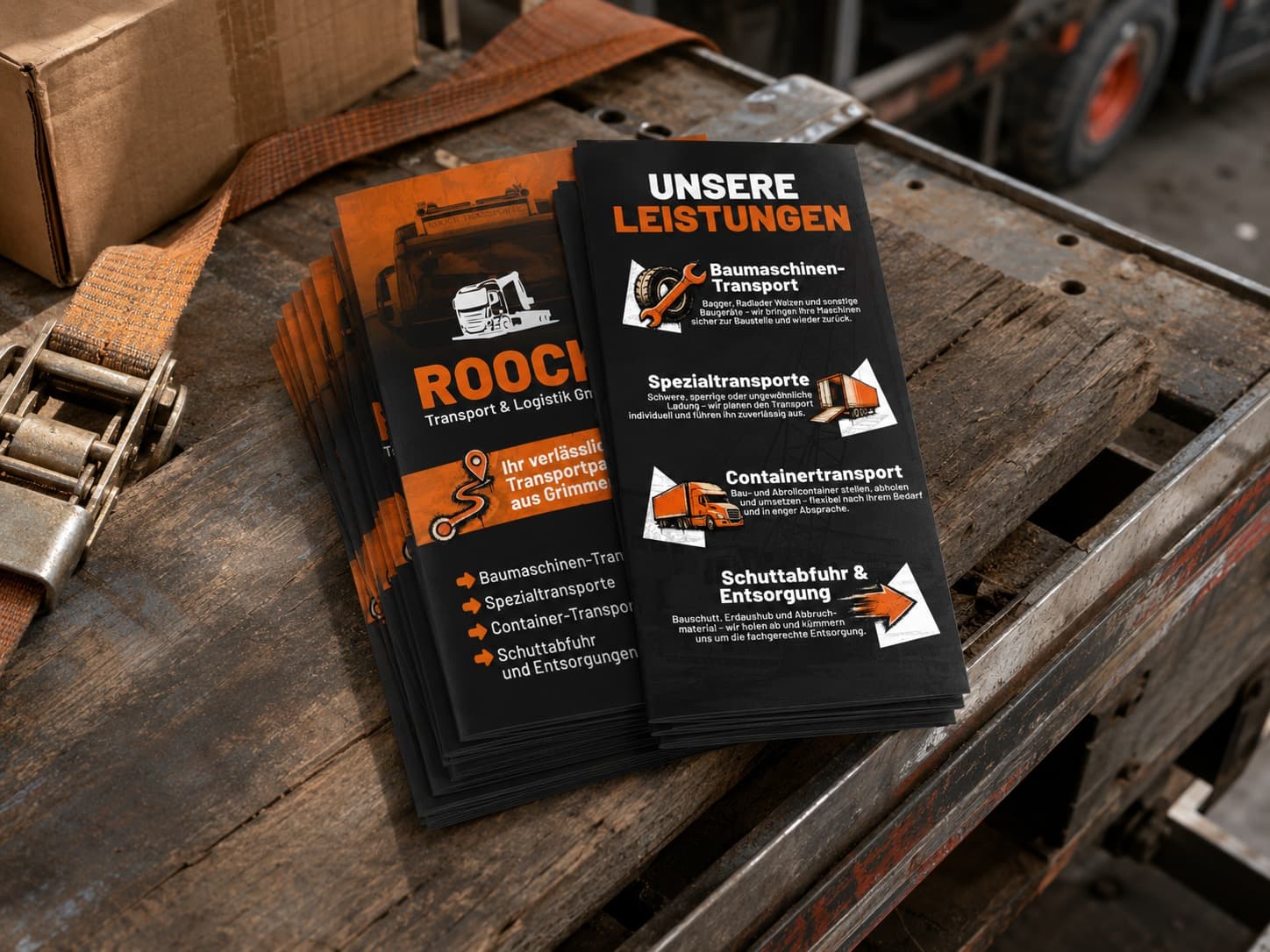 Stapel gedruckter Roock-Flyer auf einer Ladefläche, im Hintergrund der Fuhrpark